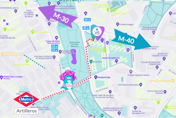 Mapa de Moratalaz donde se ve una ilustración de una muñeca llamada Masticarmen, haciendo el recorrido desde la estacion de metro Artilleros, el bus línea 30 y la ubicación de M30 y M40 cpn respecto a la Clínica Yuste Dental